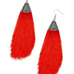 Stamped Silver Red Tassel Earrings